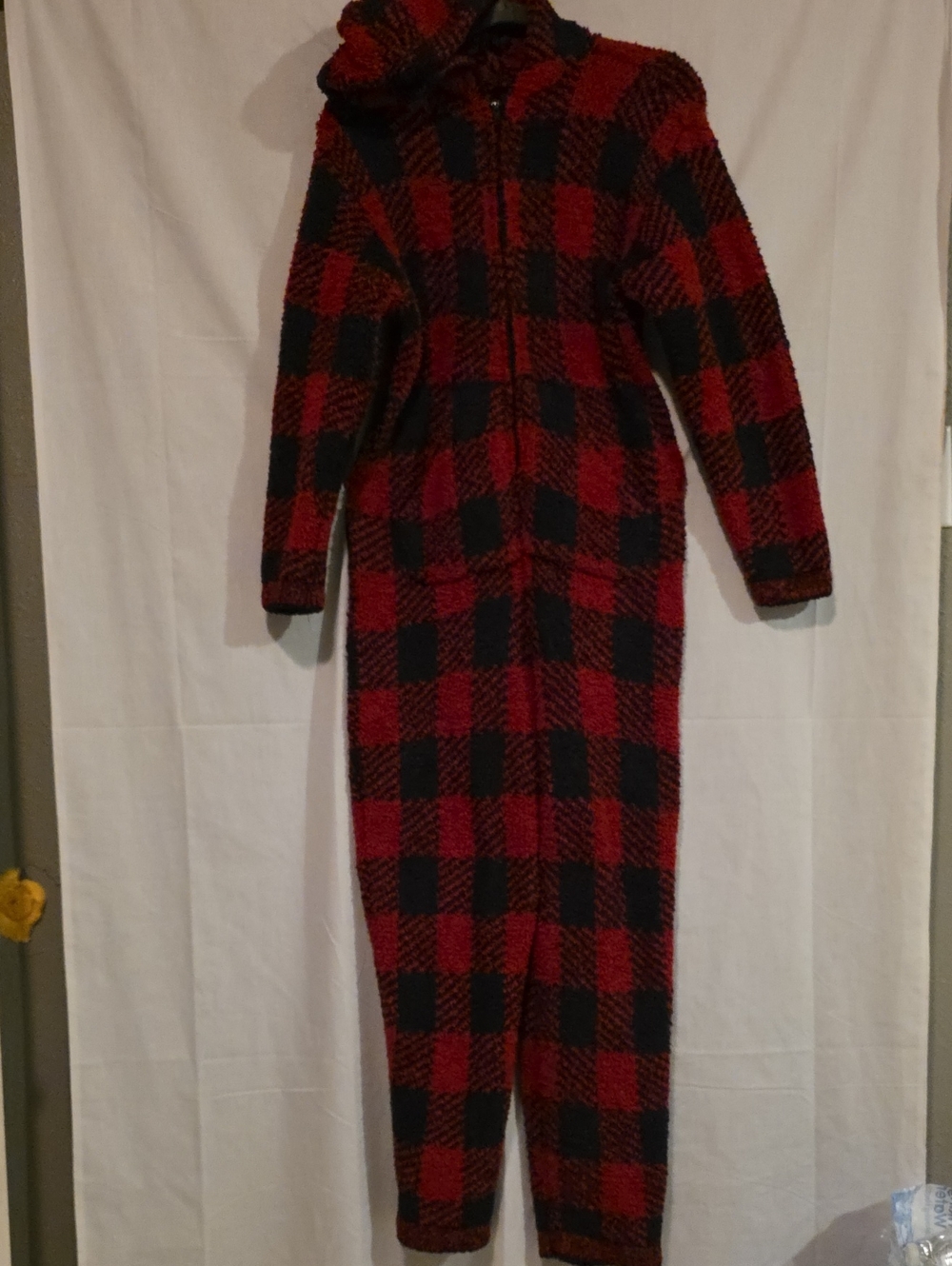SKIMS Red and Black Plaid Hooded Sherpa Onesie Robe